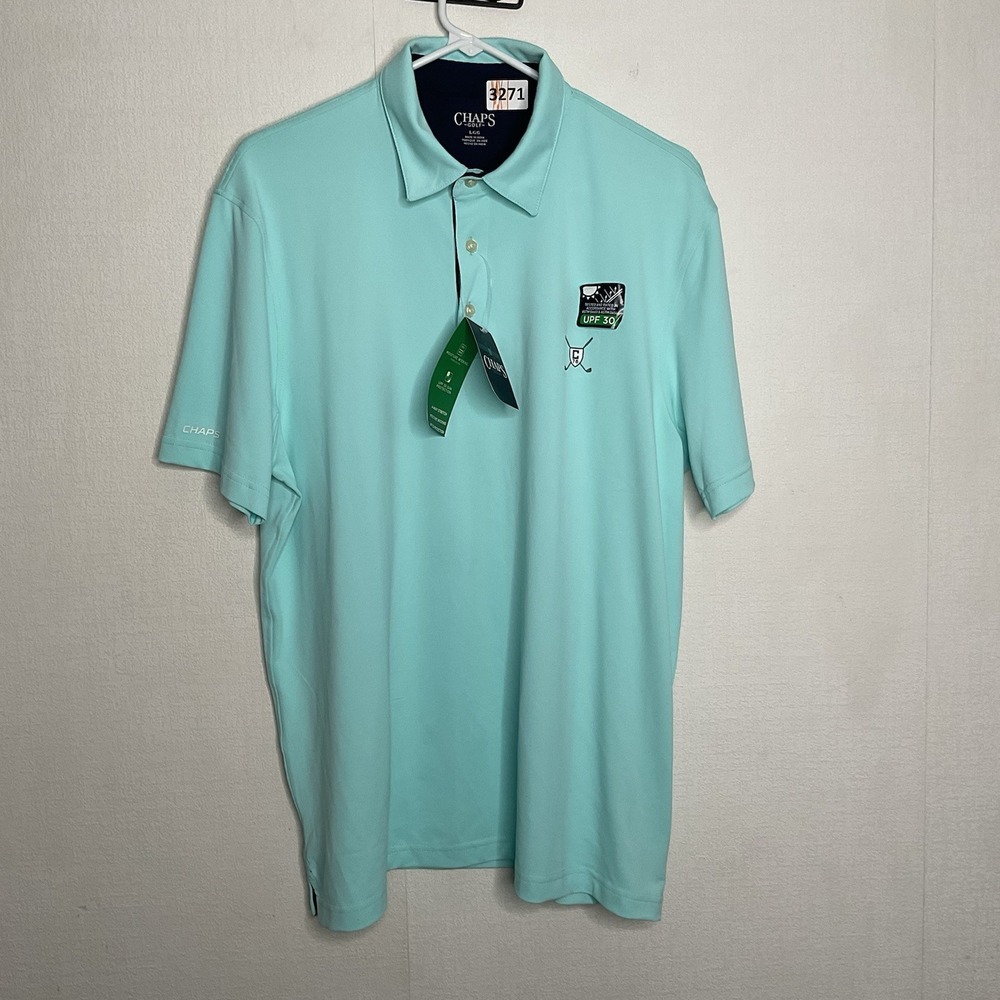 CHAPS Golf Polo Men's Size L Aruba Blue/Light Turquoise Shorts Sleeve Shirt UPF - Picture 13 of 14